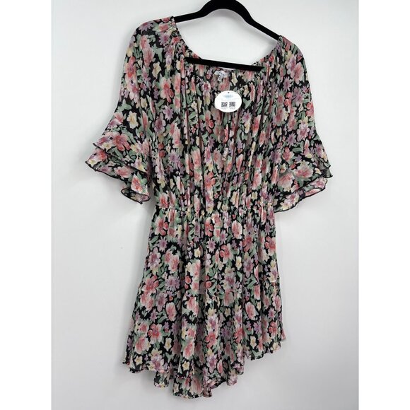 White Birch Floral Stretch Boho Peasant Romper Black Large NEW - Picture 2 of 5